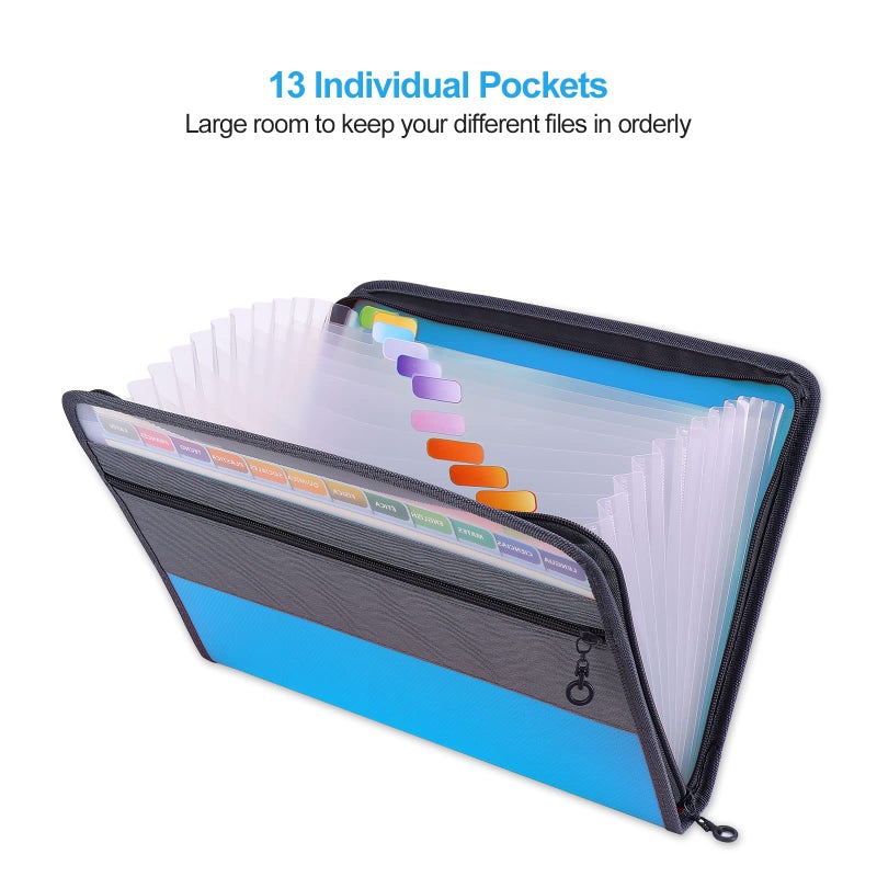 MEGREZ Expanding File Folder with 13 Pockets, A4 Paper File Folder with Zipper Color Labels, Waterproof Accordion File Folder Organizer for Home Office, Blue - Image 2